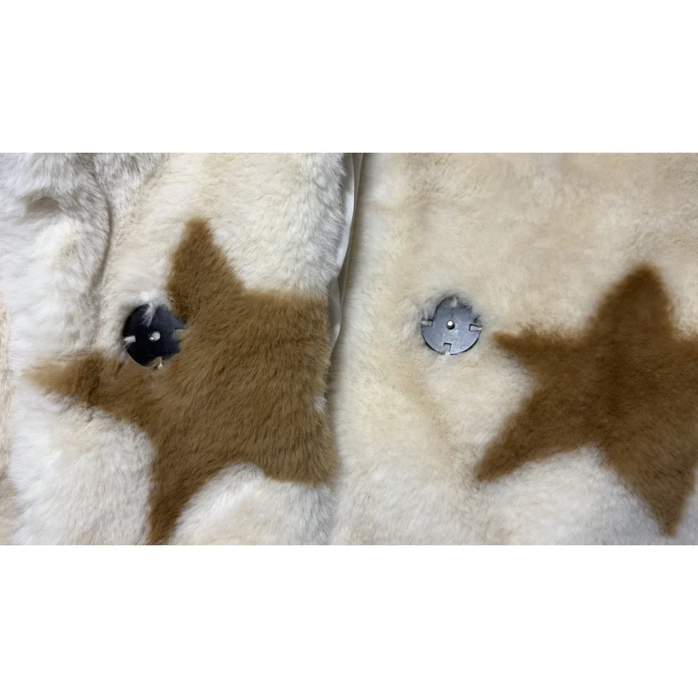William B. Star Faux Fur‎ Jacket Small Cropped Cozy Teddy Beige Stars